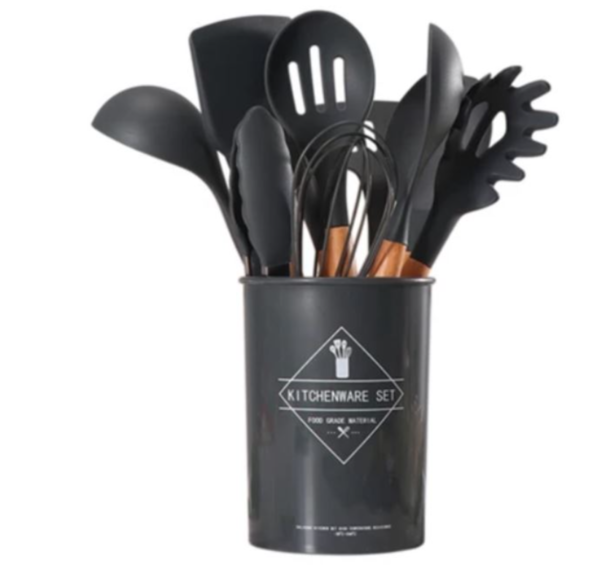 Set of 12 Silicone Kitchen Utensil Set - Black