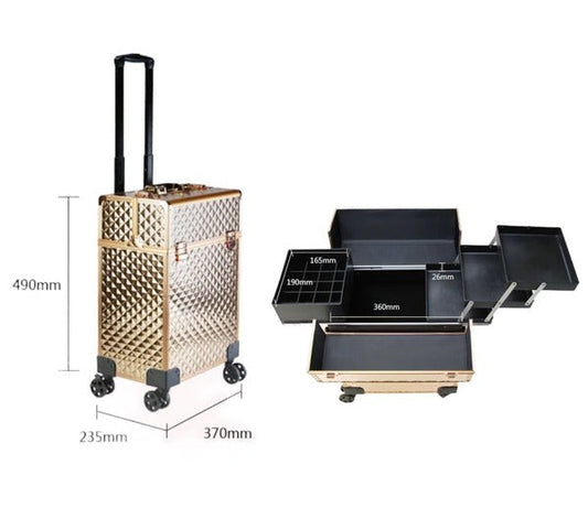 Pro Rolling Makeup Trolley Case Salon Beauty Nail Artist Train Case Y187 - Gold
